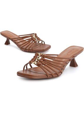 Wetviro Women's Brown Square Open Toe Elegant Sandals Kitten Heel Sandals
